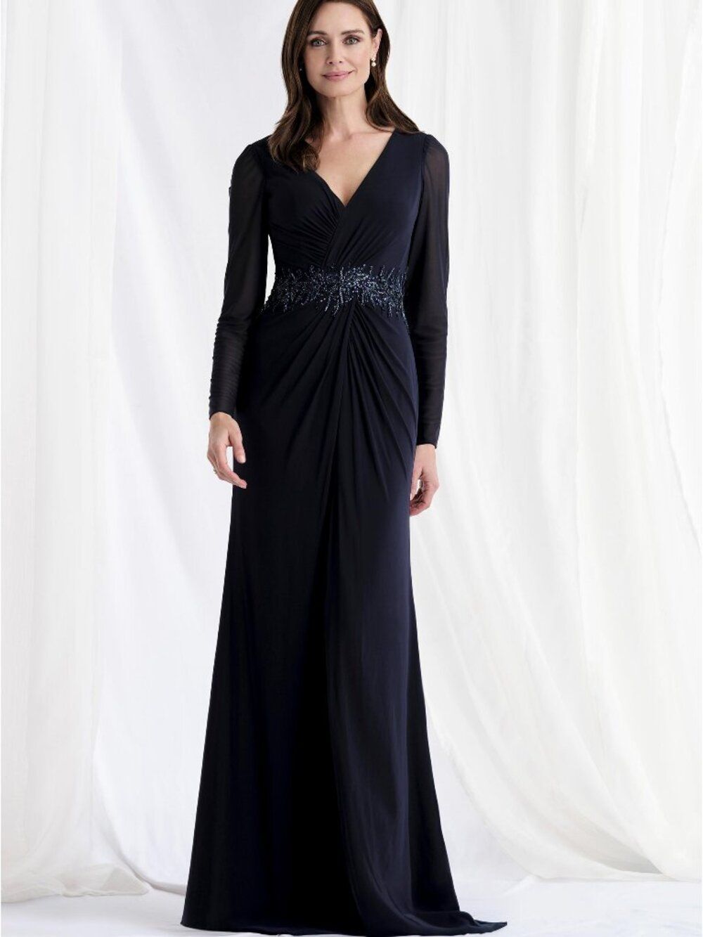 Navy Long Sleeve Mesh Evening Gown Beaded Waist Applique MGNY 73175